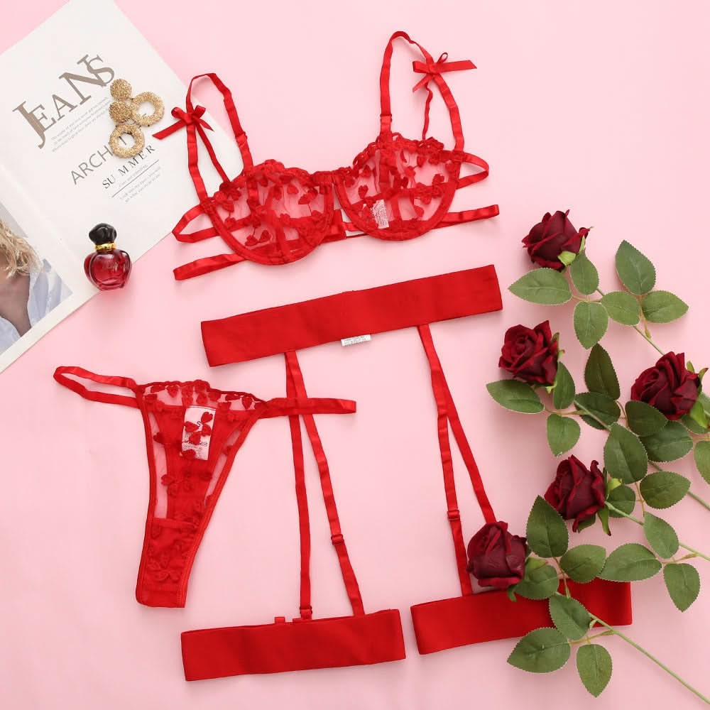 Spitzen-Stickerei Mesh Dessous Set – Transparent & Sexy, 3-teilig