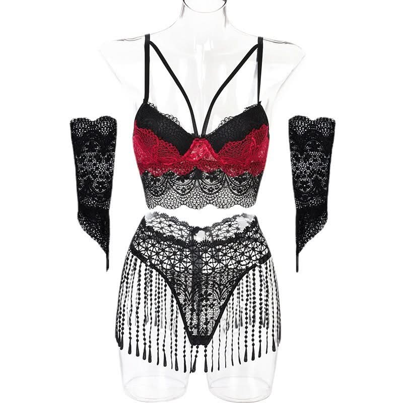 Erotisches Dessous Set 5-teilig – Quasten, Spitze & Handschuhe