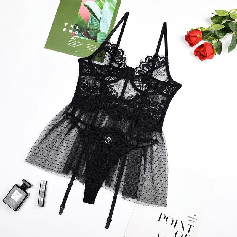 Lace Mesh Lingerie Set – Transparent Three-Piece Dark Edition