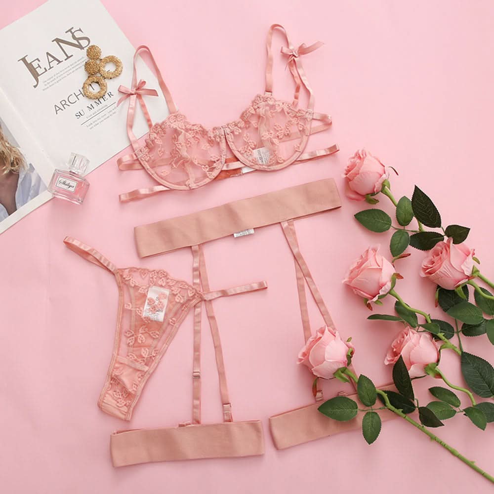 Spitzen-Stickerei Mesh Dessous Set – Transparent & Sexy, 3-teilig