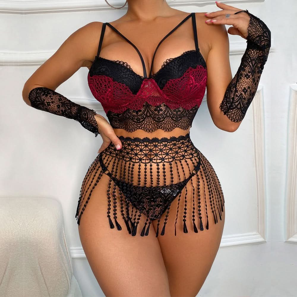 Erotisches Dessous Set 5-teilig – Quasten, Spitze & Handschuhe