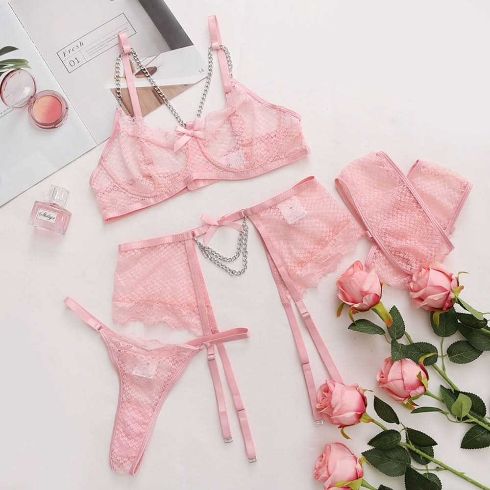 Mesh Spitzen-Dessous mit Schleife & Gürtel – Größen S-XXL