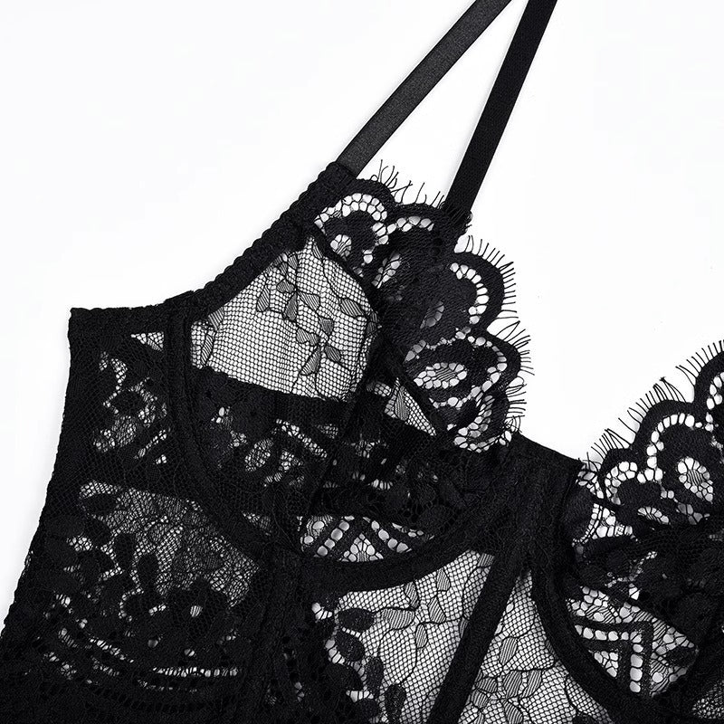 Lace Mesh Lingerie Set – Transparent Three-Piece Dark Edition