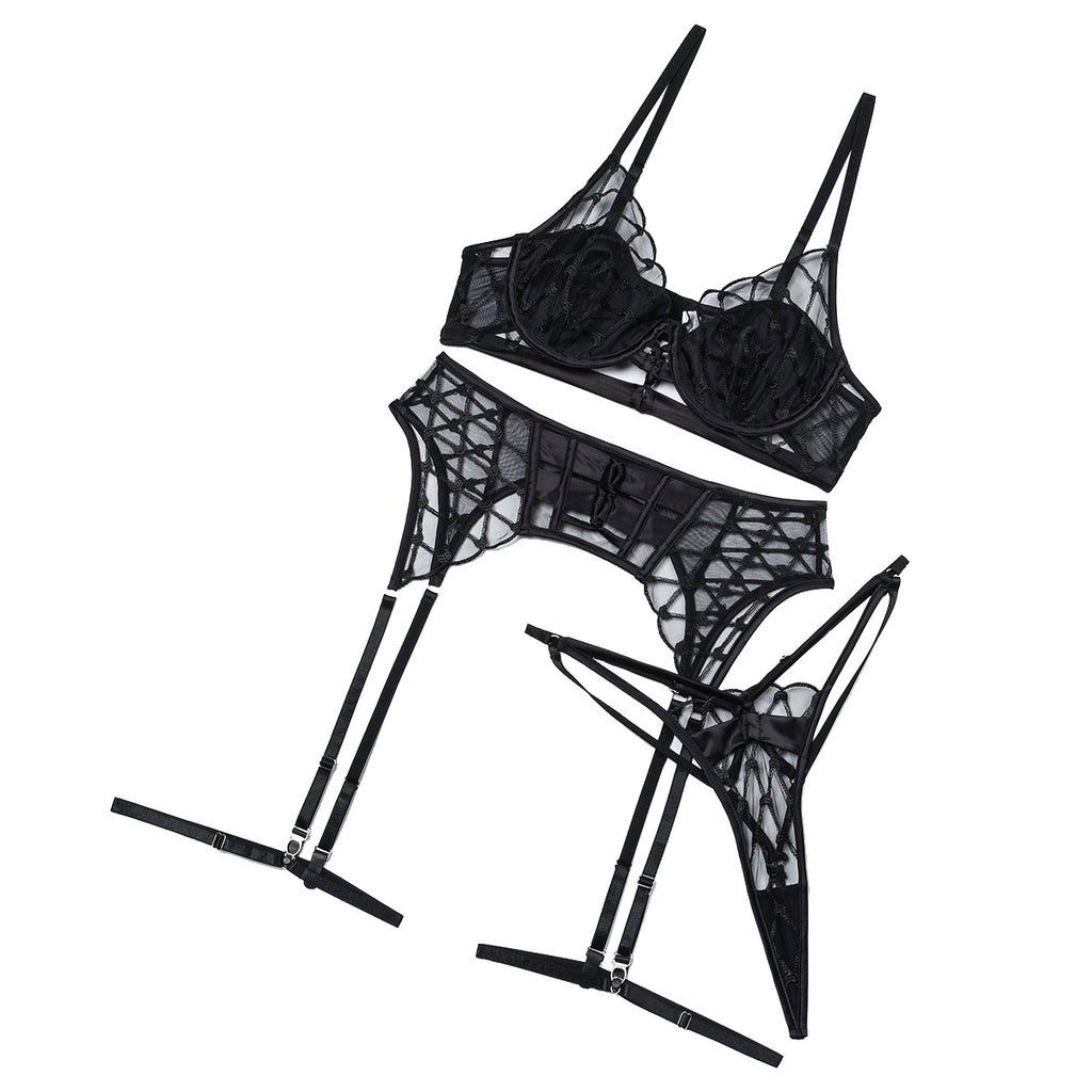 Splicing lingerie set with sexy hollow out style four piece set