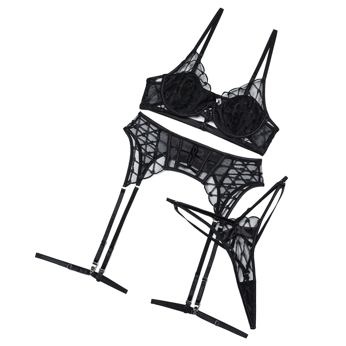 Splicing lingerie set with sexy hollow out style four piece set