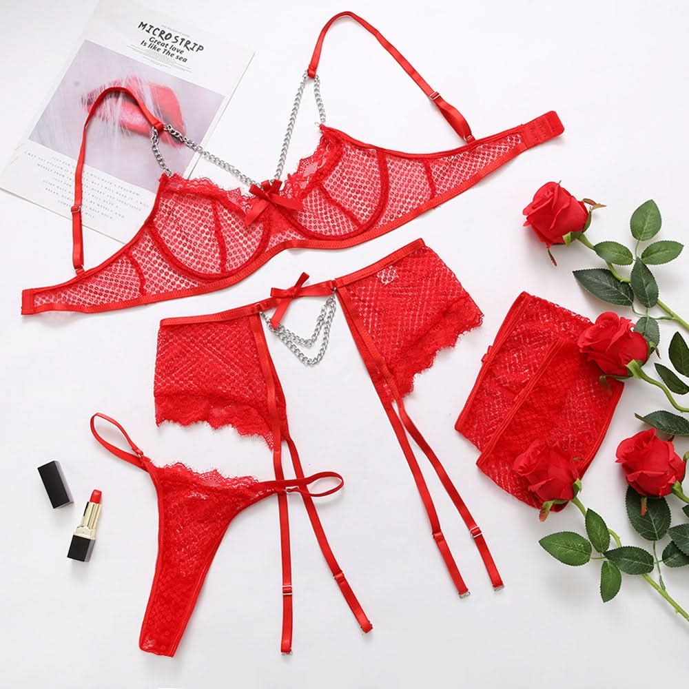 Mesh Spitzen-Dessous mit Kettengürtel & Schleife – 3-teilig