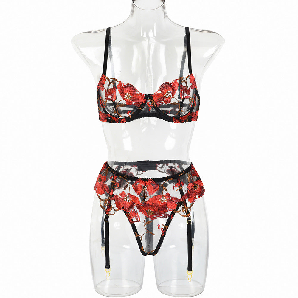 Red Flower Embroidery Lingerie Set – Three-Piece Dark Romance