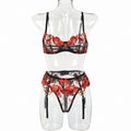 Red Flower Embroidery Lingerie Set – Three-Piece Dark Romance