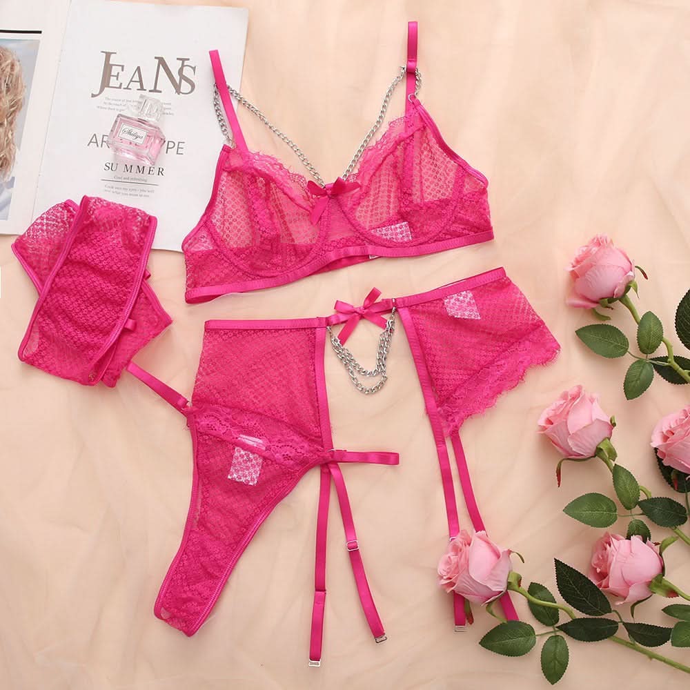 Mesh Spitzen-Dessous mit Kettengürtel & Schleife – 3-teilig