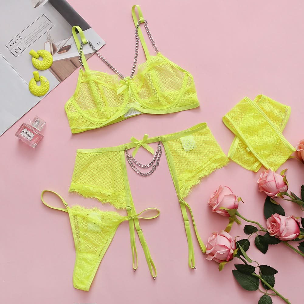 Mesh Spitzen-Dessous mit Kettengürtel & Schleife – 3-teilig