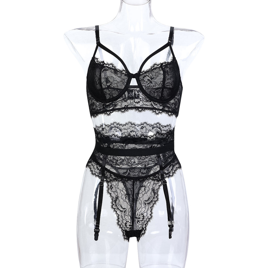 Black Sheer Lace Lingerie Set – Three-Piece Dark Elegance
