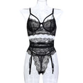Black Sheer Lace Lingerie Set – Three-Piece Dark Elegance