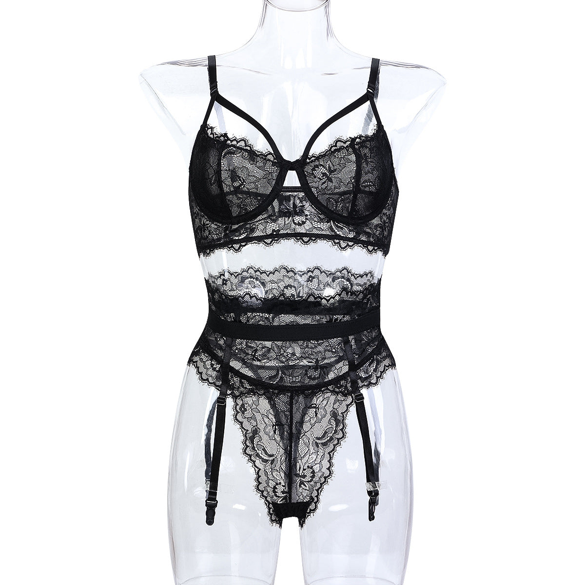 Black Sheer Lace Lingerie Set – Three-Piece Dark Elegance