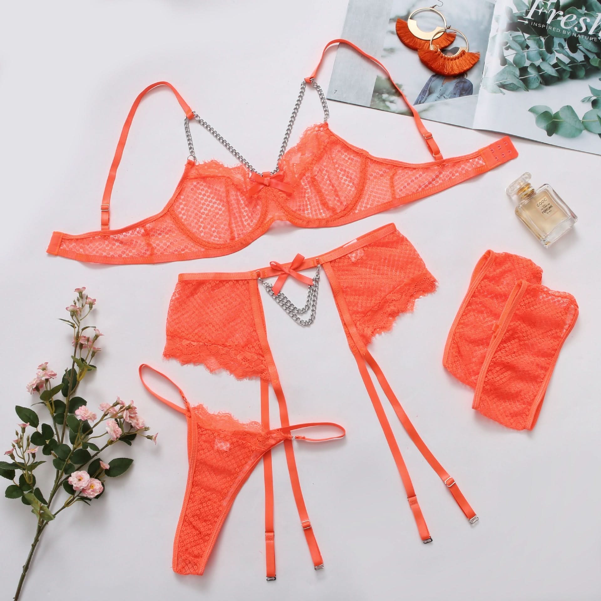 Mesh Spitzen-Dessous mit Schleife & Gürtel – Größen S-XXL