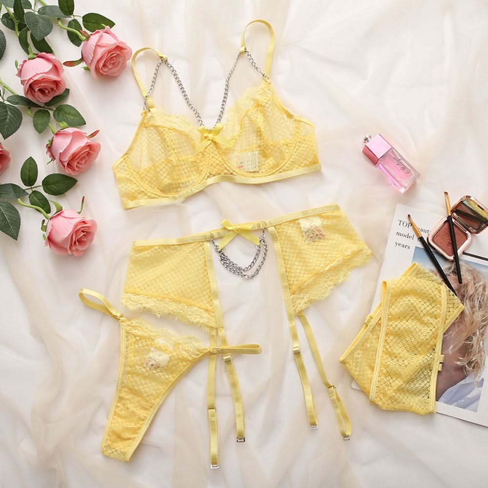 Mesh Spitzen-Dessous mit Kettengürtel & Schleife – 3-teilig