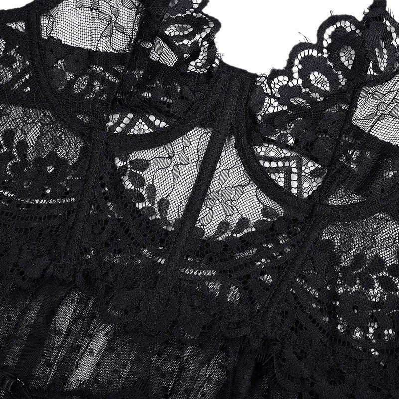 Lace Mesh Lingerie Set – Transparent Three-Piece Dark Edition