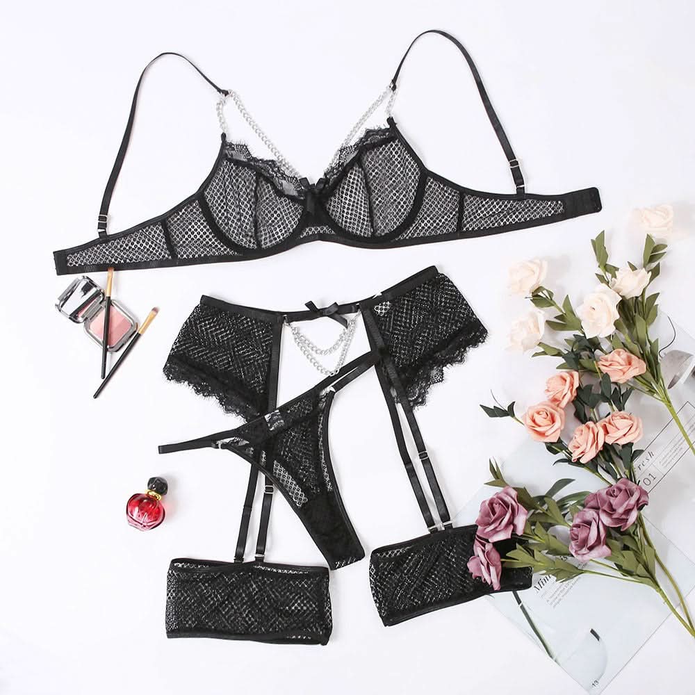 Mesh Spitzen-Dessous mit Kettengürtel & Schleife – 3-teilig
