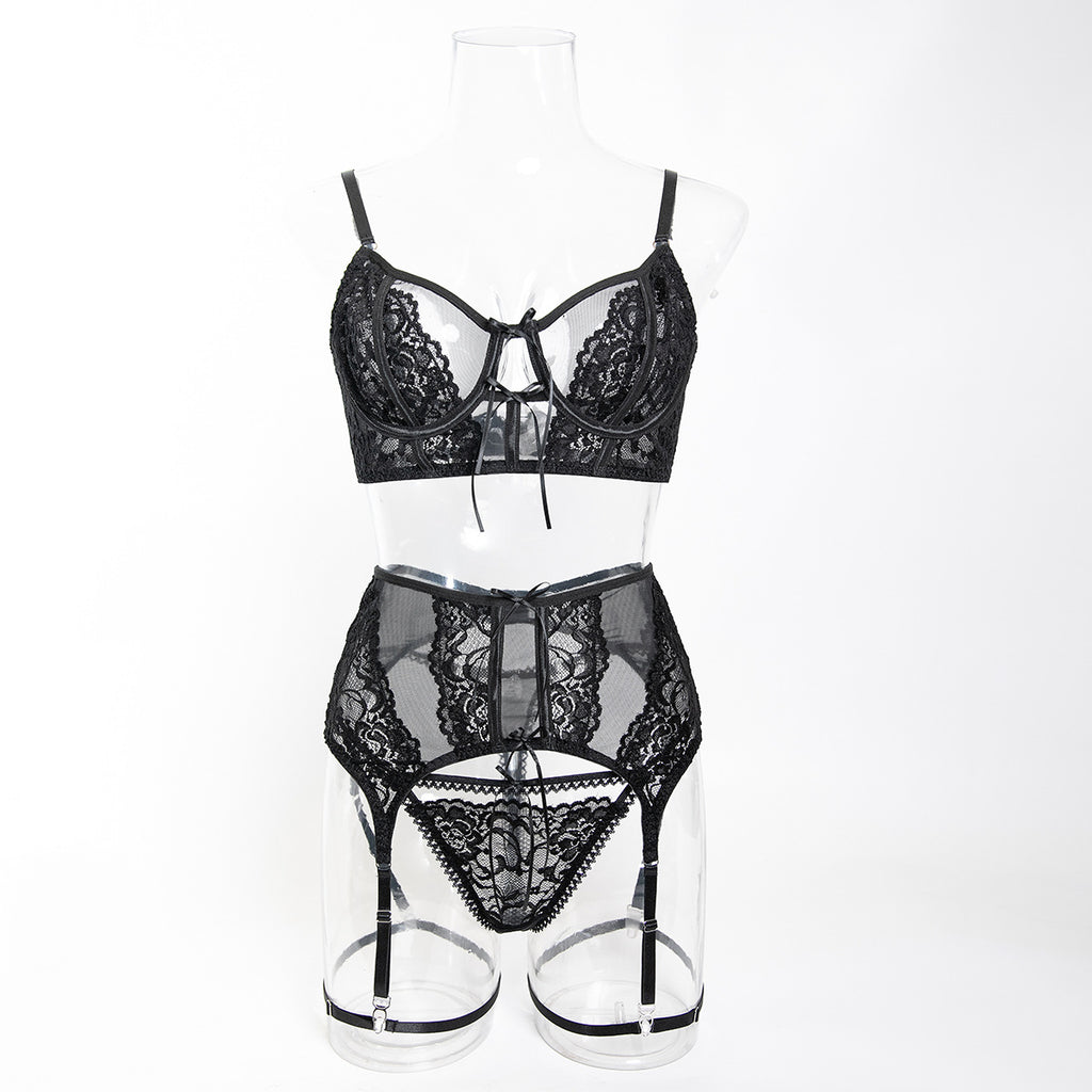 Jacquard Sheer Lingerie Set – Three-Piece Lace Luxury