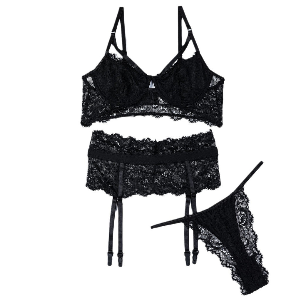 Black Sheer Lace Lingerie Set – Three-Piece Dark Elegance
