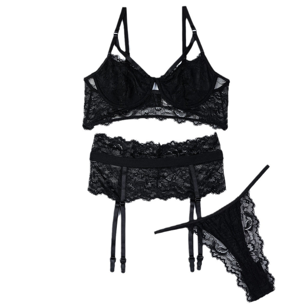 Black Sheer Lace Lingerie Set – Three-Piece Dark Elegance