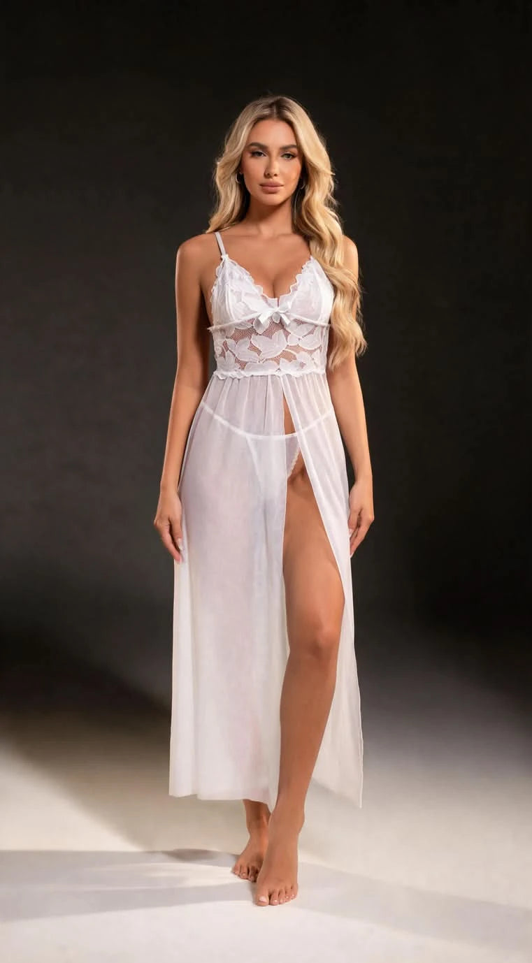 Mesh Spitzen Negligee mit Schlitz – Langes Nachthemd & Unterwäsche