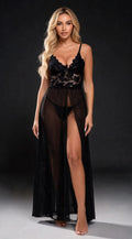 Mesh Spitzen Negligee mit Schlitz – Langes Nachthemd & Unterwäsche